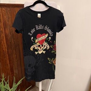 Ed Hardy Black Skull and Rose Long T-Shirt